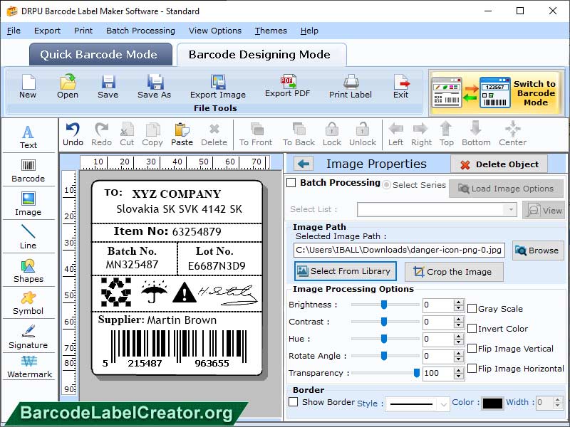 Create Barcode Labels screen shot